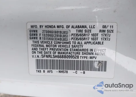2011 Honda Odyssey Ex-L from USA, damaged, VIN 5FNRL5H66BB099528